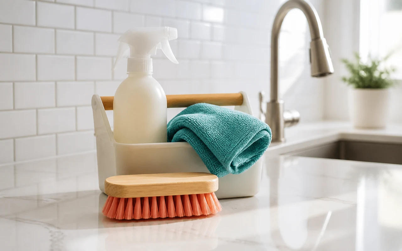 Microfiber cloth and cleaning caddy prepared for deep cleaning