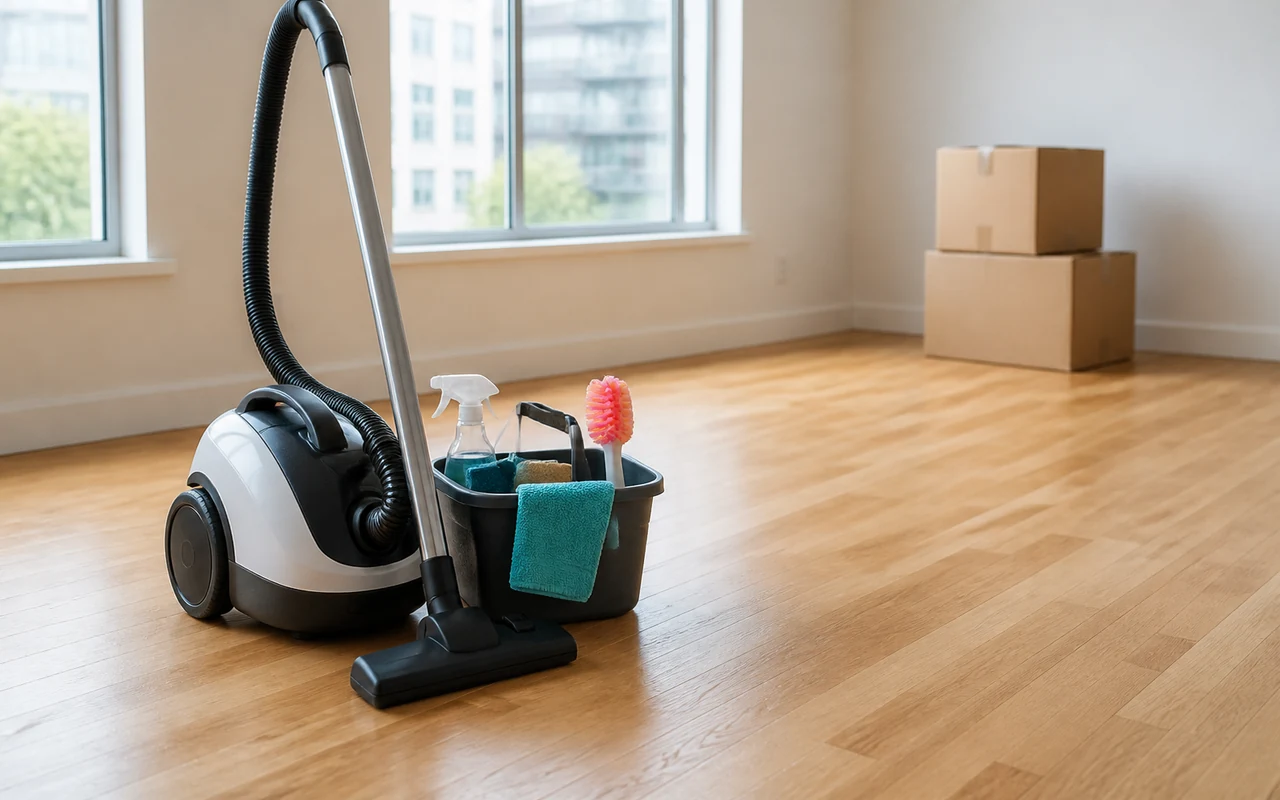 Cleaning equipment in an empty room during a Spokane move-out