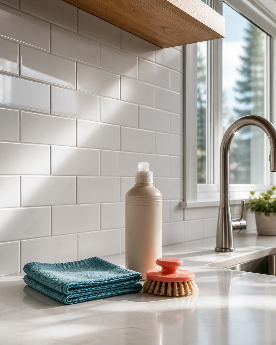 Microfiber cloth and brush beside a clean kitchen backsplash