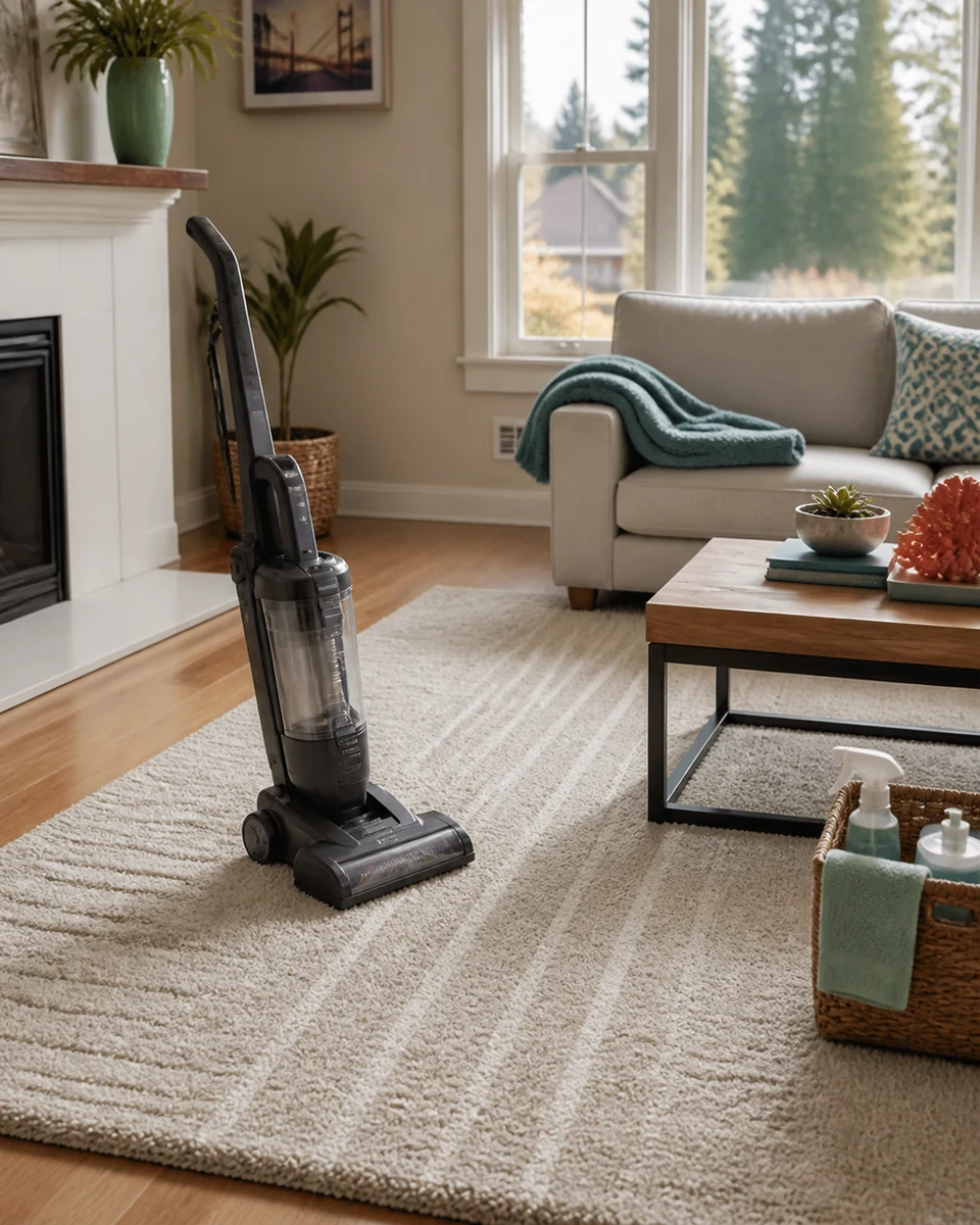 Vacuum making clean lines on a living room rug during routine cleaning