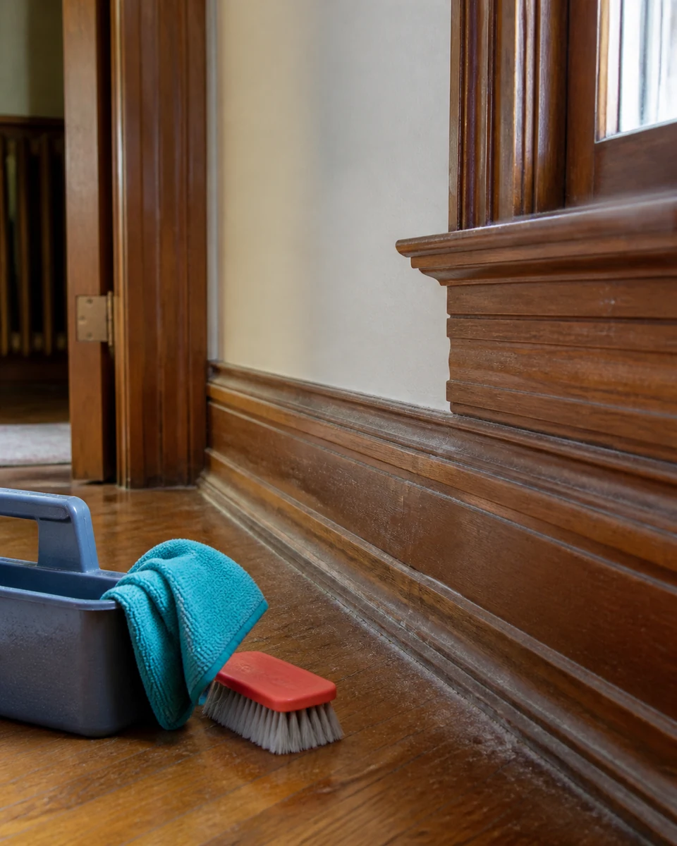 Cleaning caddy beside dusty baseboards in an older Spokane home